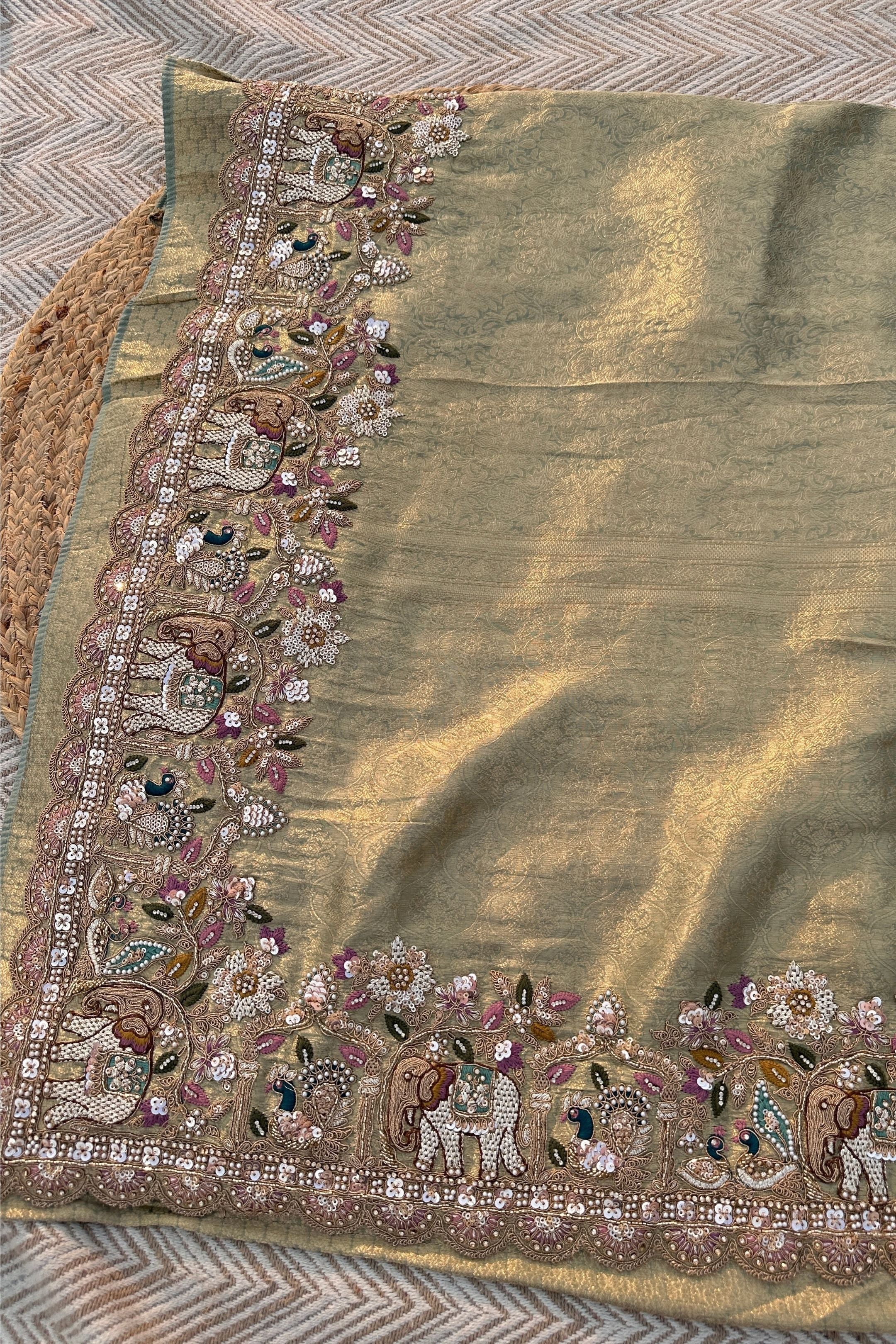 Green Brocade Unstitched Saree Embellished With Moti, Sequins, Cutdana, Thread& Jarkan Work